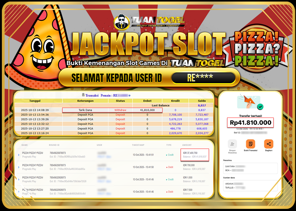 TUANTOGEL JACKPOT SLOT PIZZA! PIZZA? PIZZA! Rp41.810.000 - LUNAS